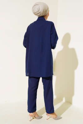 Cep ve Yaka Taşlı Keten İkili Takım Lacivert - İKİLİ TAKIM
