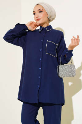 Cep ve Yaka Taşlı Keten İkili Takım Lacivert - İKİLİ TAKIM