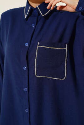 Cep ve Yaka Taşlı Keten İkili Takım Lacivert - İKİLİ TAKIM