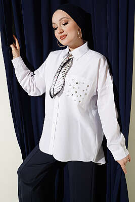 Cep Zımbalı Basic Gömlek Beyaz - HATUN