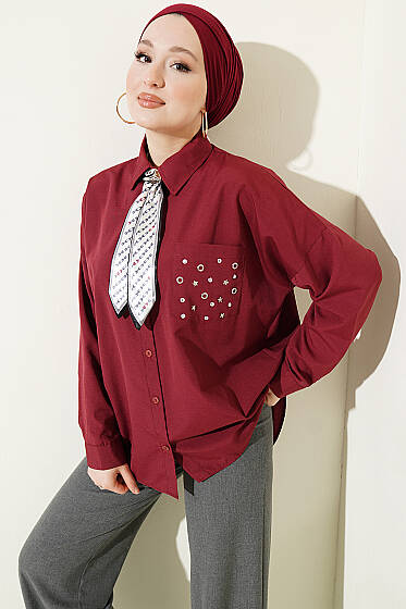 Cep Zımbalı Basic Gömlek Bordo - 300-500 TL Ürünler