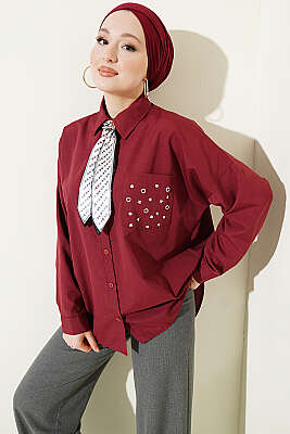 Cep Zımbalı Basic Gömlek Bordo - HATUN