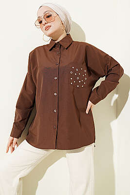 Cep Zımbalı Basic Gömlek Kahve - HATUN