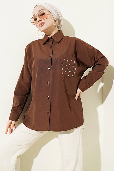 Cep Zımbalı Basic Gömlek Kahve - Gömlek