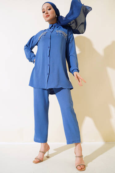 Cepleri Taş Detaylı Ayrobin Takım Mavi - İkili Takım