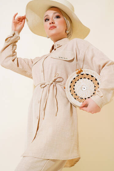 Cepleri Taş Detaylı Keten İkili Takım Bej - İkili Takım