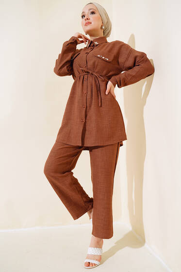 Cepleri Taş Detaylı Keten İkili Takım Kahve - İkili Takım