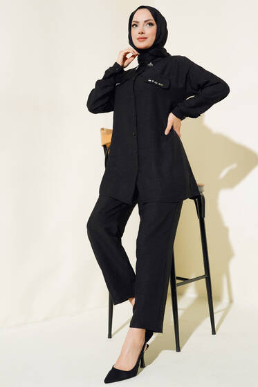 Cepleri Taş Detaylı Keten İkili Takım Siyah - İkili Takım