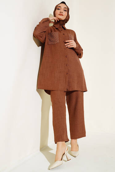 Cepleri Taşlı Keten Takım Kahve - İkili Takım
