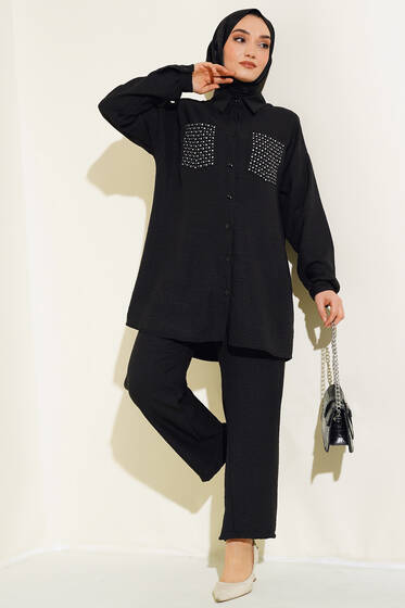 Cepleri Taşlı Keten Takım Siyah - İkili Takım