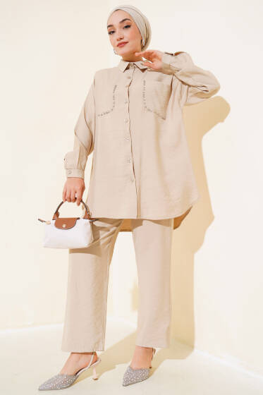 Cepleri Taşlı Tensel İkili Takım Bej - İkili Takım