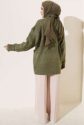 Cepli Ajurlu Triko Hırka Haki - Hırka
