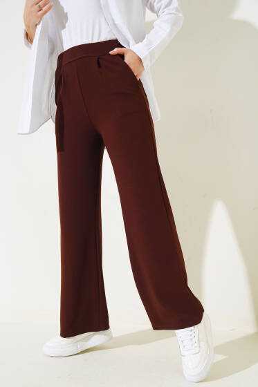 Cepli Bel Lastikli Bol Paça Pantolon Kahve - Pantolon