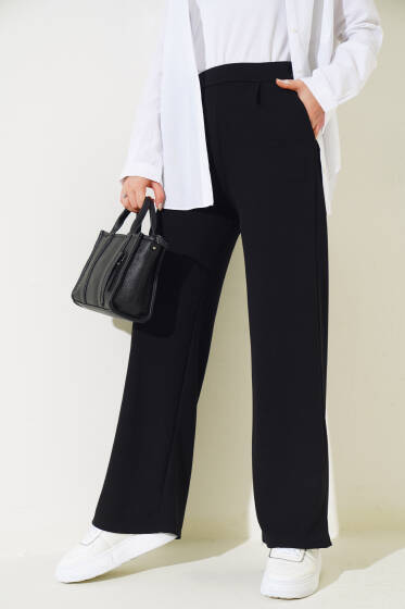 Cepli Bel Lastikli Bol Paça Pantolon Siyah - Pantolon