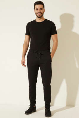 Cepli Bel Lastikli Erkek Eşofman Alt Siyah - Erkek Eşofman Alt