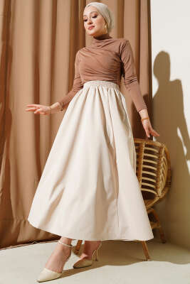 Cepli Bel Lastikli Kloş Etek Bej - Uzun Etek