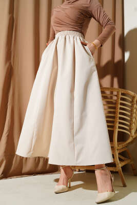 Cepli Bel Lastikli Kloş Etek Bej 