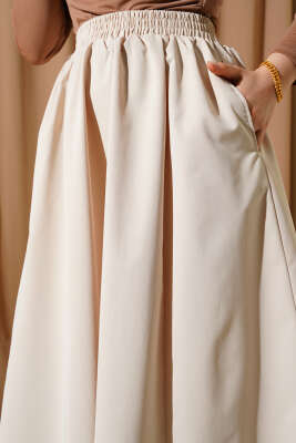Cepli Bel Lastikli Kloş Etek Bej - Uzun Etek