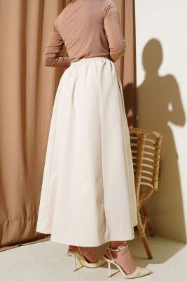 Cepli Bel Lastikli Kloş Etek Bej - Uzun Etek