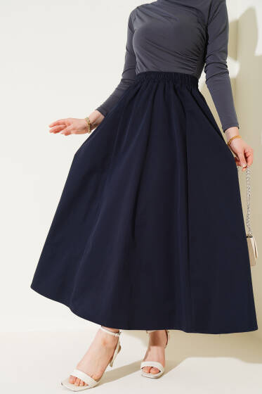 Cepli Bel Lastikli Kloş Etek Lacivert - Uzun Etek