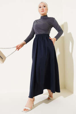 Cepli Bel Lastikli Kloş Etek Lacivert - Uzun Etek