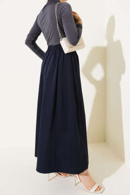 Cepli Bel Lastikli Kloş Etek Lacivert - Uzun Etek
