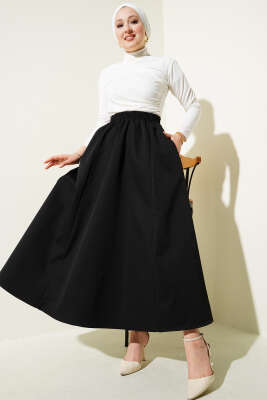 Cepli Bel Lastikli Kloş Etek Siyah - Uzun Etek