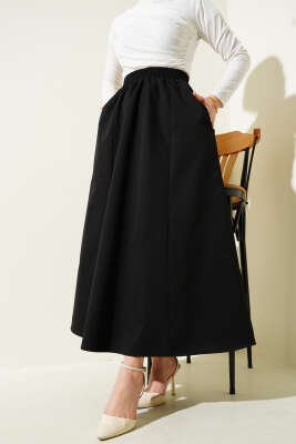 Cepli Bel Lastikli Kloş Etek Siyah