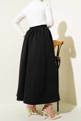 Cepli Bel Lastikli Kloş Etek Siyah - Uzun Etek