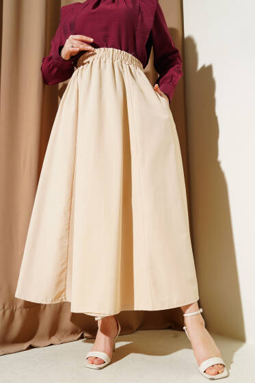 Cepli Bel Lastikli Poplin Etek Bej - Etek