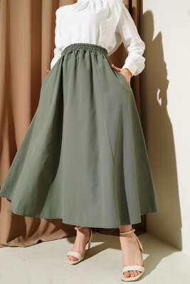 Cepli Bel Lastikli Poplin Etek Haki 