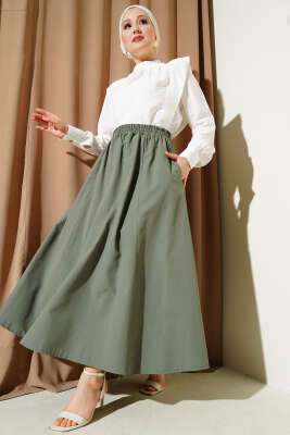 Cepli Bel Lastikli Poplin Etek Haki - Uzun Etek