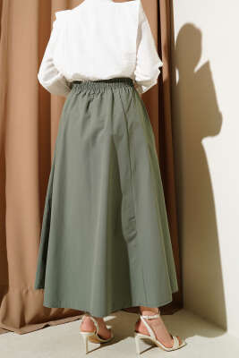 Cepli Bel Lastikli Poplin Etek Haki - Uzun Etek