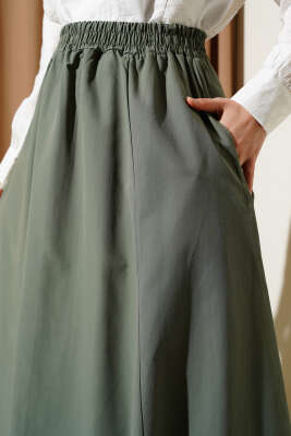 Cepli Bel Lastikli Poplin Etek Haki - Uzun Etek