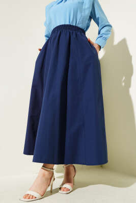 Cepli Bel Lastikli Poplin Etek Lacivert - NEVA MODA