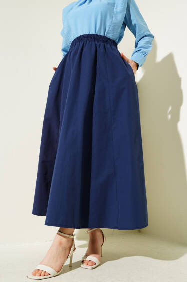 Cepli Bel Lastikli Poplin Etek Lacivert - Uzun Etek
