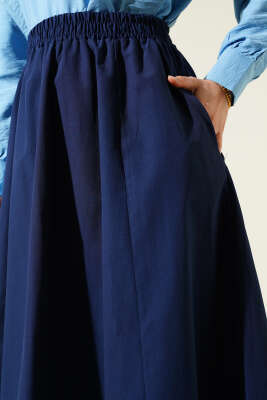 Cepli Bel Lastikli Poplin Etek Lacivert - Uzun Etek