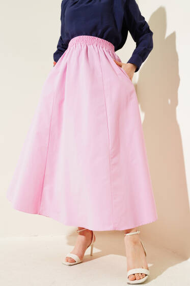Cepli Bel Lastikli Poplin Etek Pembe - Uzun Etek