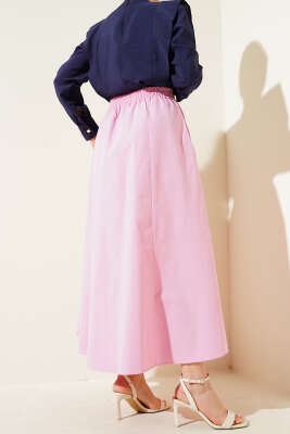 Cepli Bel Lastikli Poplin Etek Pembe - Uzun Etek