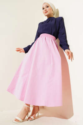 Cepli Bel Lastikli Poplin Etek Pembe - Uzun Etek