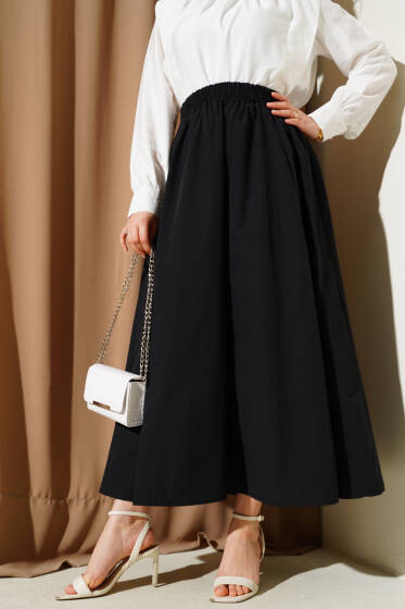 Cepli Bel Lastikli Poplin Etek Siyah - Etek