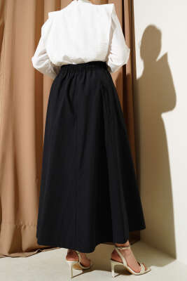 Cepli Bel Lastikli Poplin Etek Siyah - Uzun Etek