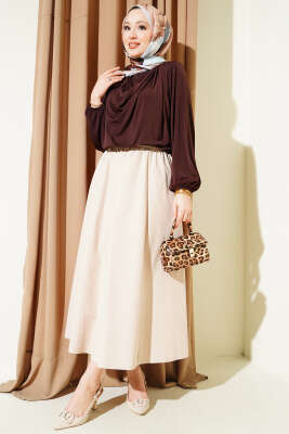 Cepli Beli Lastikli Düz Etek Bej - Etek