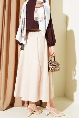 Cepli Beli Lastikli Düz Etek Bej - Etek