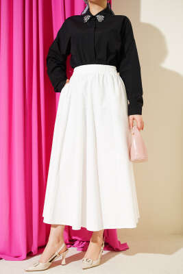 Cepli Beli Lastikli Düz Etek Beyaz - FİXAY