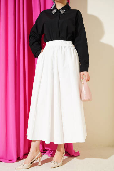 Cepli Beli Lastikli Düz Etek Beyaz - Etek