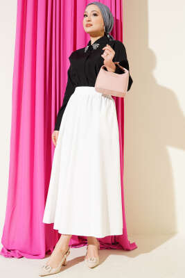 Cepli Beli Lastikli Düz Etek Beyaz - Etek