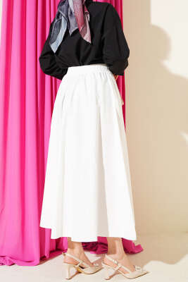 Cepli Beli Lastikli Düz Etek Beyaz - Etek