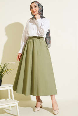 Cepli Beli Lastikli Düz Etek Çağla Yeşili - Etek