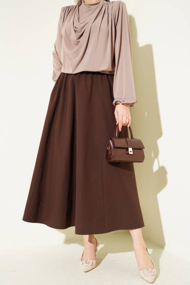 Cepli Beli Lastikli Düz Etek Kahve - Etek